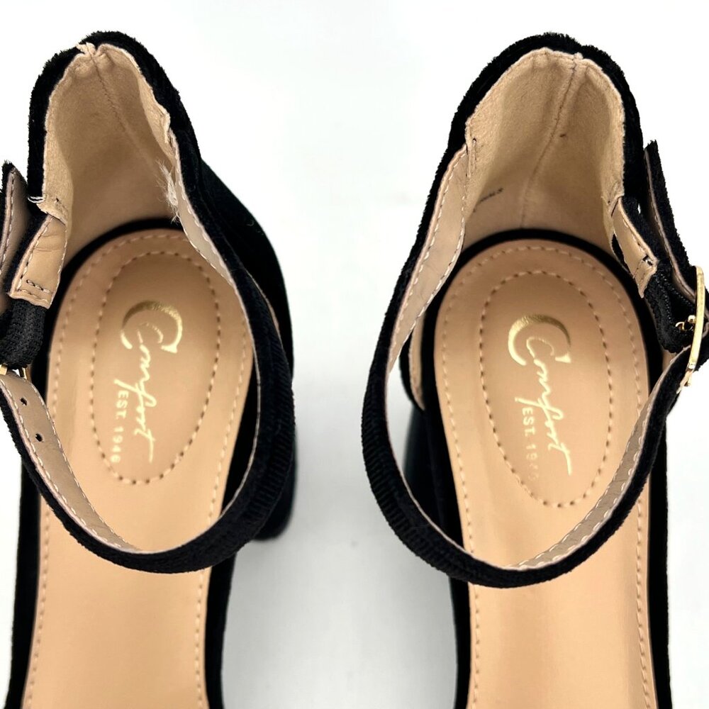 Comfort Black Velvet Ankle Strap Block Heels Womens Shoes Size 8 Rhinestone Bow - Picture 14 of 16